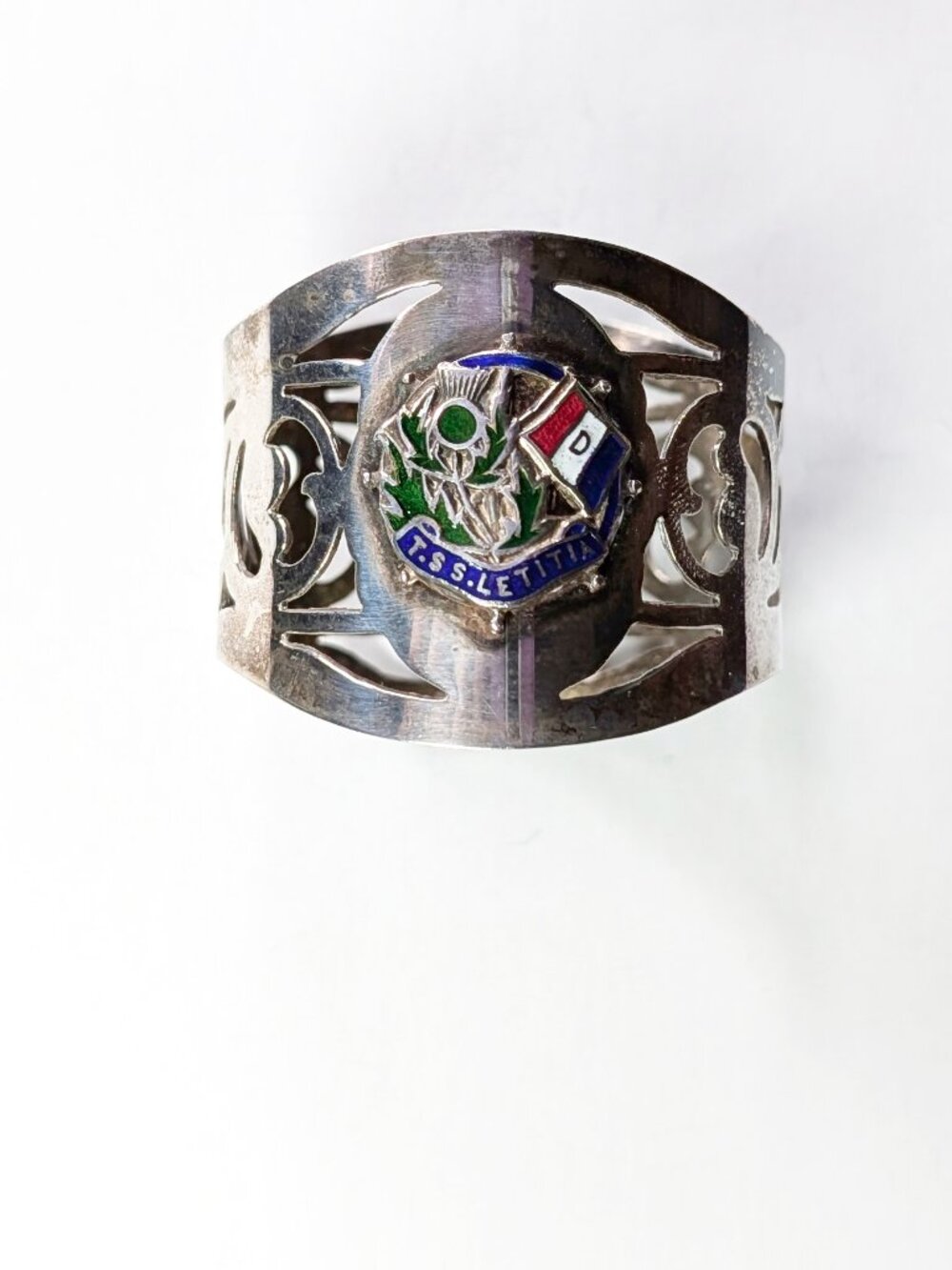 T.S.S. Letitia Shipping Line silver plated napkin ring with enamel crest